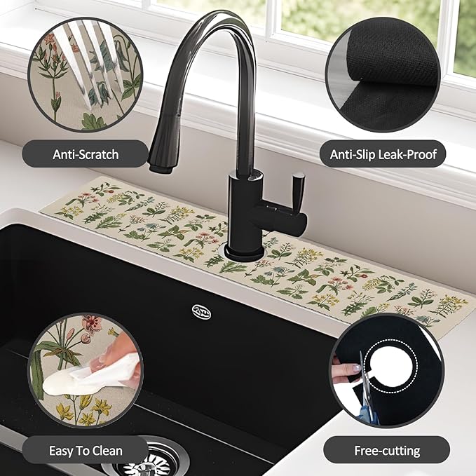 24" X 5.5" Kitchen Sink Splash Guard Faucet Mat Floral Super Absorbent Fast Drying Faucet Guard & Draining Mat Sink Splash Guard Behind Faucet for Kitchen, Bathroom