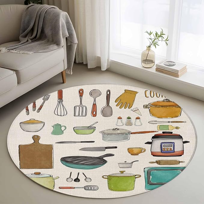 Cooking Kitchenware Kitchen Tool Pattern Round Rugs 3.3ft for Living Room Washable Circle Rug Non-Slip Carpet Soft Mat for Bedroom Dining Room Bathroom Home Holiday Decorations Indoor