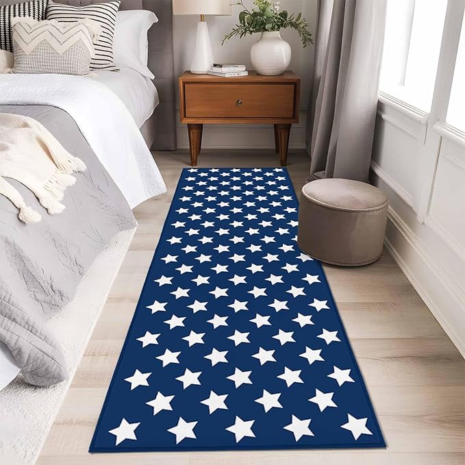 Runner Rug for Bedroom Hallway, 4th of July White Star on Navy Blue Kitchen Runner Rugs Area Rug 2x6ft, Independence Freedom Liberty Washable Soft Floor Carpet for Entryway Stair