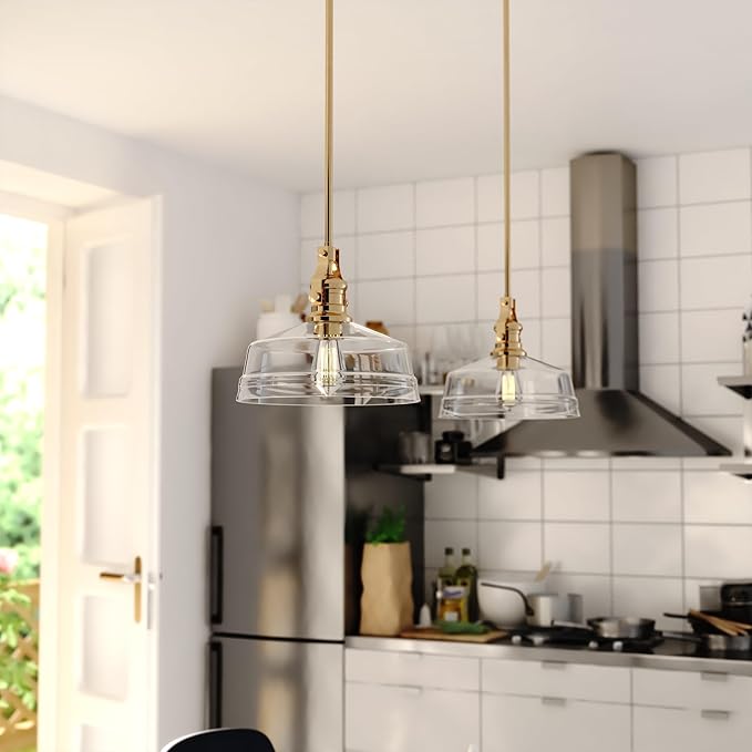 VAXCEL Beloit 1-Light Brushed Gold Farmhouse Pendant Light, Clear Seeded Glass Shade, Adjustable Height, Kitchen Islands, Dining Rooms, or Living Spaces, LED Compatible, Dimmable, Sloped Ceiling