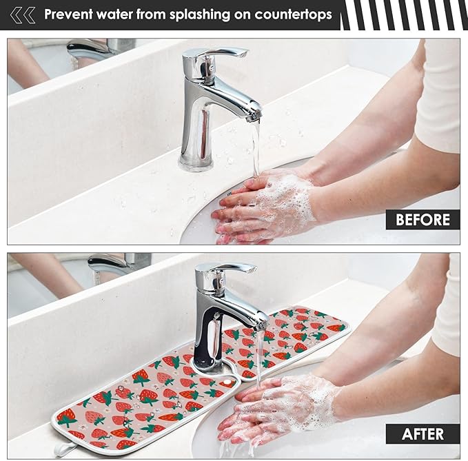 Kitchen Faucet Absorbent Mat,Strawberry Summer Berry Water Splash Guard for Sink, Faucet Drip Catcher Thicken Sponge Microfiber Faucet Water Catcher Mat Sink Absorbent Mat for Kitchen 30x5in 2 Pack