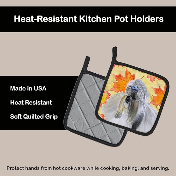 Caroline's Treasures BB9927PTHD Shih Tzu Fall Pair of Pot Holders, Yellow Kitchen Heat Resistant Pot Holders Sets Oven Hot Pads for Cooking Baking BBQ, 7 1/2 x 7 1/2