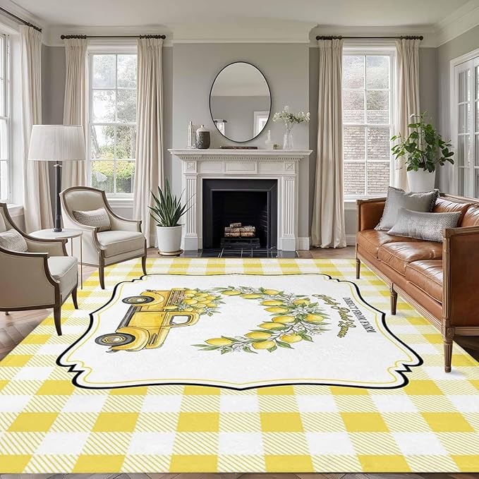Area Rug 6x9ft, Farm Yellow Truck Lemon Fruit Washable Rugs for Living Room Bedroom, Flower Leaves Buffalo Plaid Soft Non-Slip Area Rugs Rectangle Floor Carpet for Dining Room