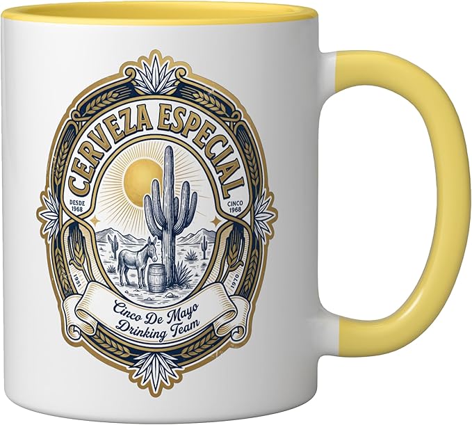 Beer Label Cerveza Cinco De Mayo Drinking Team Ceramic Mug, Yellow/White
