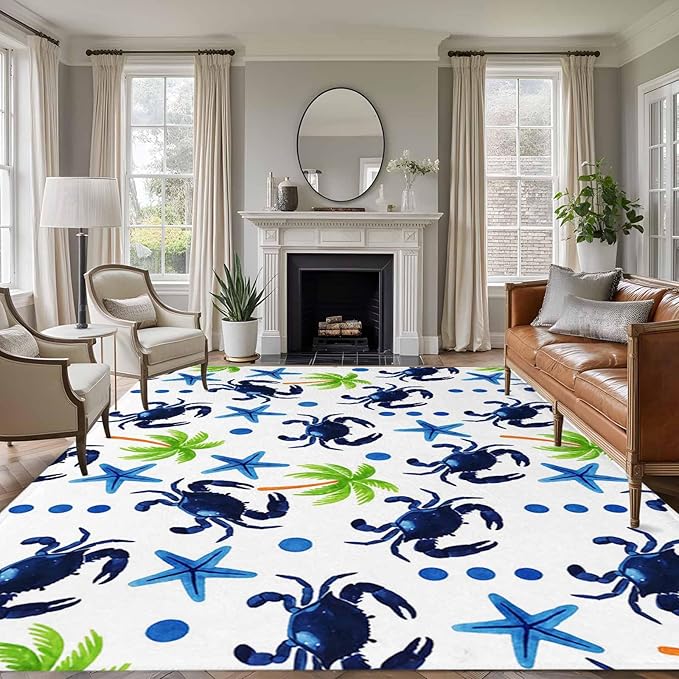 Area Rug 6x9ft, Abstract Blue Crab Starfish Washable Rugs for Living Room Bedroom, Watercolor Palm Tree Soft Non-Slip Area Rugs Rectangle Floor Carpet for Dining Room