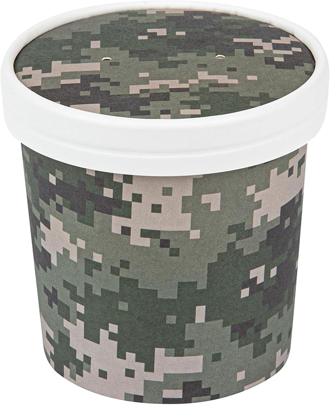 Restaurantware LIDS ONLY: Bio Tek Soup Container Lids 200 Disposable Bowl Lids For 12 Ounce Soup Cups - Containers Sold Separately Vented Camouflage Paper Soup Container Lids Round