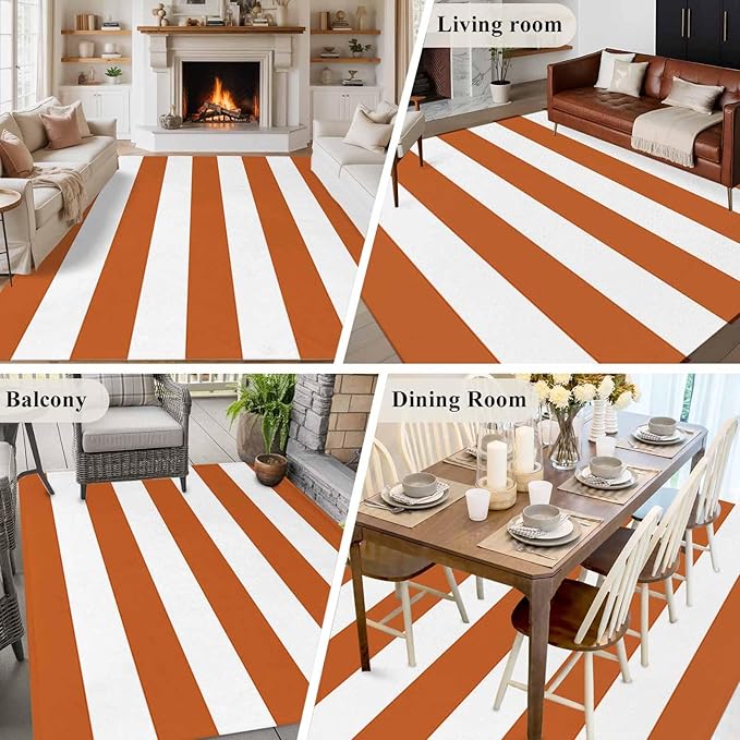 Area Rug 6x9ft, Farmhouse Classic Stripes Washable Rugs for Living Room Bedroom, Orange White Soft Non-Slip Area Rugs Rectangle Floor Carpet for Dining Room