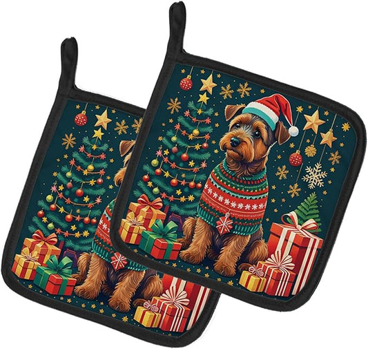 Caroline's Treasures Welsh Terrier Christmas Pair of Pot Holders Kitchen Heat Resistant Pot Holders Sets Oven Hot Pads for Cooking Baking BBQ, 7 1/2 x 7 1/2