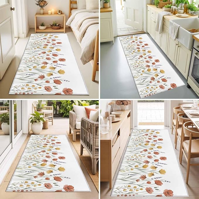 Runner Rug for Bedroom Hallway, Watercolor Daisies Lavender Kitchen Runner Rugs Area Rug 2x6ft, Country Floral Art Washable Soft Floor Carpet for Entryway Stair