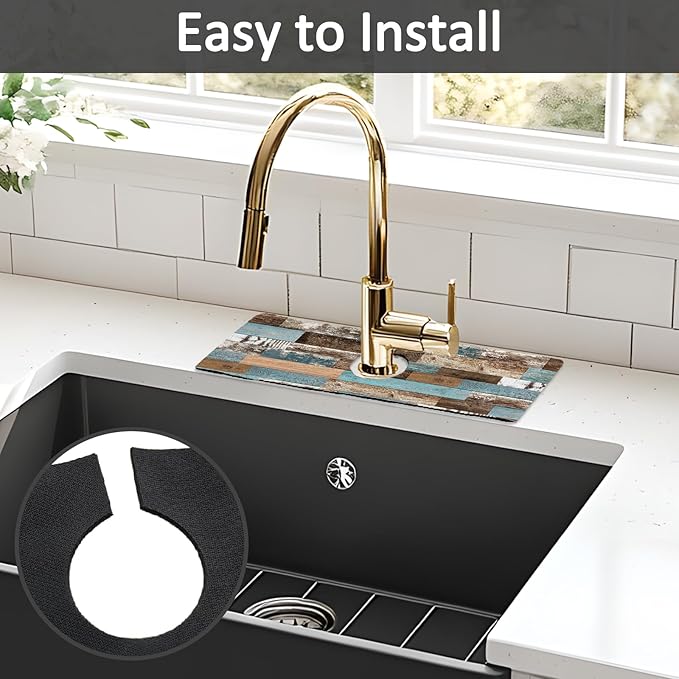 15" X 5.5" Kitchen Sink Splash Guard Faucet Mat Wood Grain Super Absorbent Fast Drying Faucet Guard & Draining Mat Sink Splash Guard Behind Faucet for Kitchen, Bathroom