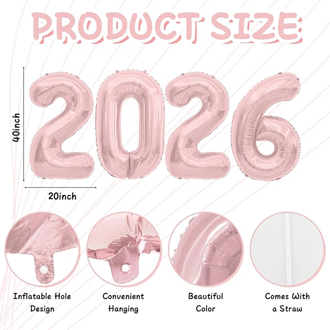 2026 Rose Gold Foil Numbers Balloons(40 Inch) Happy New Years Eve Party Supplies 2026 New Year Graduation Balloons Decorations 20 26 Signs Props Birthday Anniversary Wedding Festival Ornament Decor