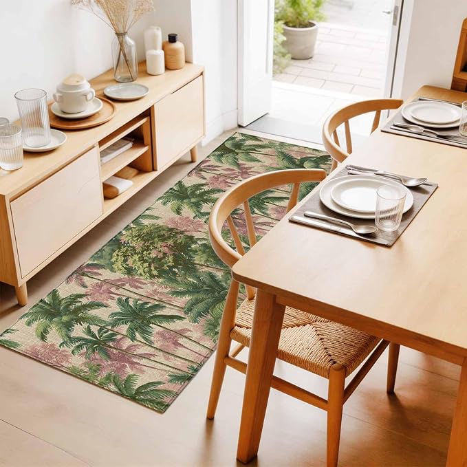 Runner Rug for Bedroom Hallway, Exotic Forest Green Pink Palms Tree Kitchen Runner Rugs Area Rug 2x6ft, Vintage Botantical Washable Soft Floor Carpet for Entryway Stair