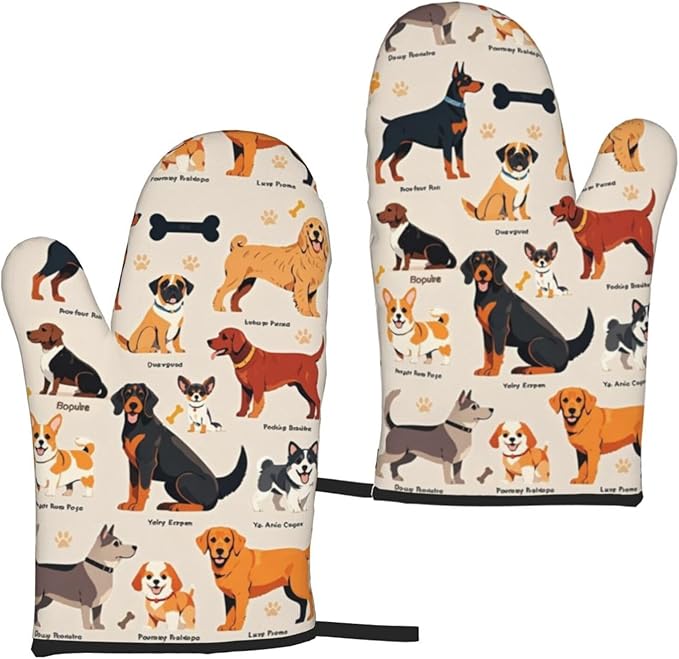 Dogs Design Oven Mitts of 2-Pack, Funny Kitchen Gloves Heat Resistant Non-Slip Kitchen Mitts Safe Cooking Baking Grilling