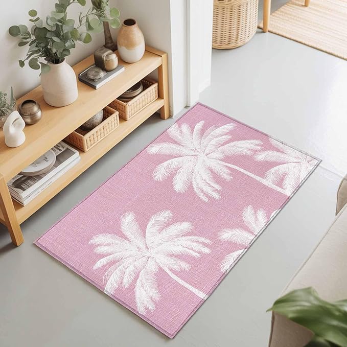 Area Rug 2x3ft, Boho Pink Palm Trees Vintage Washable Rugs for Living Room Bedroom, Summer Tropical Leaves Soft Non-Slip Area Rugs Rectangle Floor Carpet for Dining Room