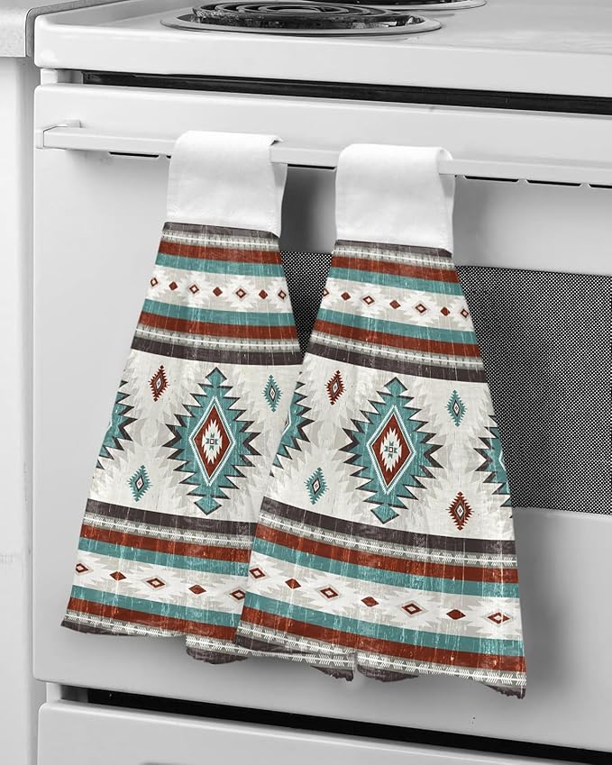 Alandar Home Kitchen Tie Towel Set of 1, Farm Brown Bohemian Aztec Absorbent Soft Hand Towels for Bathroom Hanging Towels, Turquoise Ethnic Wind Fast Drying Cleaning Cloth with Loop
