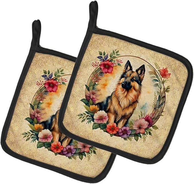 Caroline's Treasures Belgian Tervuren and Flowers Pair of Pot Holders Kitchen Heat Resistant Pot Holders Sets Oven Hot Pads for Cooking Baking BBQ, 7 1/2 x 7 1/2