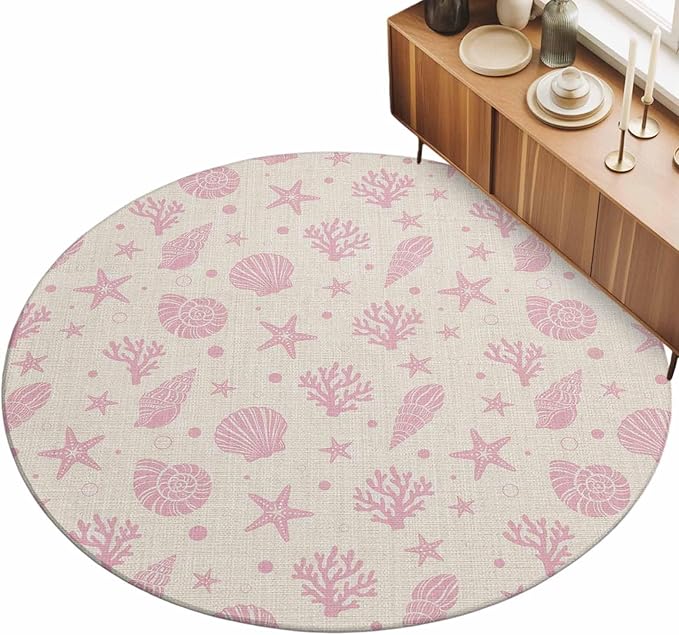 Washable Round Area Rug Ocean Pink Shell Coral Conch Circle Rugs Floor Carpet for Living Room Bedroom, Marine Starfish on Farm Burlap Soft Non Slip Round Rug 3ft