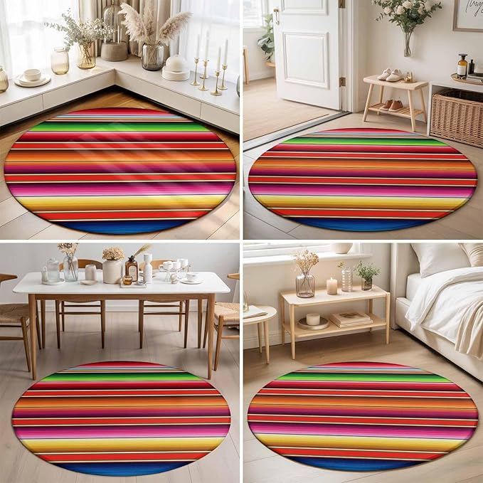 Washable Round Area Rug Mexican Stripes Vintage Boho Circle Rugs Floor Carpet for Living Room Bedroom, Native American Stripe Soft Non Slip Round Rug 3ft
