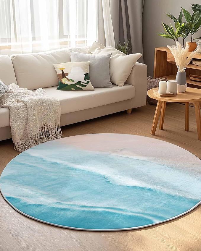 Round Area Rug,Summer Beach Blue Wave Water Ripple Circle Living Room Rug Non-Slip Rugs Indoor Carpet,Seaside Coastal Nautical Soft Comfort Rugs for Bedroom KidsRoom Nursery