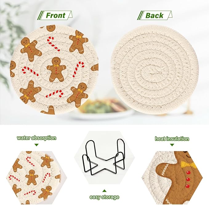 YETTASBIN Christmas Gingerbread Man 6 Pcs Drink Coasters with Holder, Cotton Woven Absorbent Heat-Resistant Round Coaster Set Tabletop Protector for Kitchen Bar Home Decor Housewarming Gift, 3.9 in