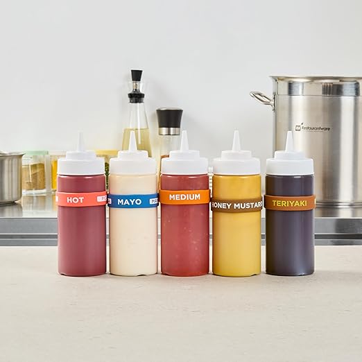 Restaurantware Silicone Squeeze Bottle Band 10 Count 2.75 Inch Dishwasher Safe Condiment Identification Band, Medium Orange Non-Slip Label Band for Condiment Labeling at Restaurants, Food Trucks