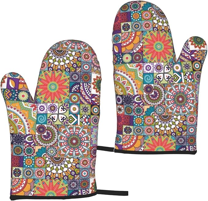 Boho Mandalas Oven Mitts of 2 Pack, Funny Kitchen Gloves Heat Resistant Non-Slip Kitchen Mitts for Cooking Baking Grilling