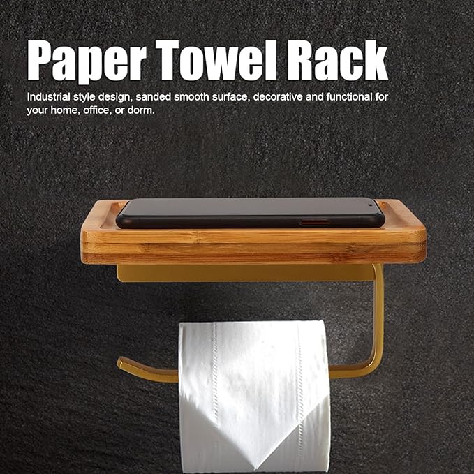 Paper Towel Holder Industrial Style Decorative Wall Mounted Rack Organizer for Kitchen Bathroom Office EcoFriendly Gold 7.9x4.7x4.1in