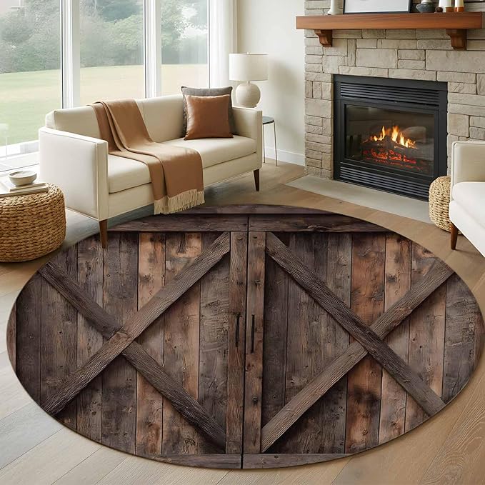 Washable Round Area Rug Vintage Farmhouse Barn Circle Rugs Floor Carpet for Living Room Bedroom, Country Wooden Plank Soft Non Slip Round Rug 5ft