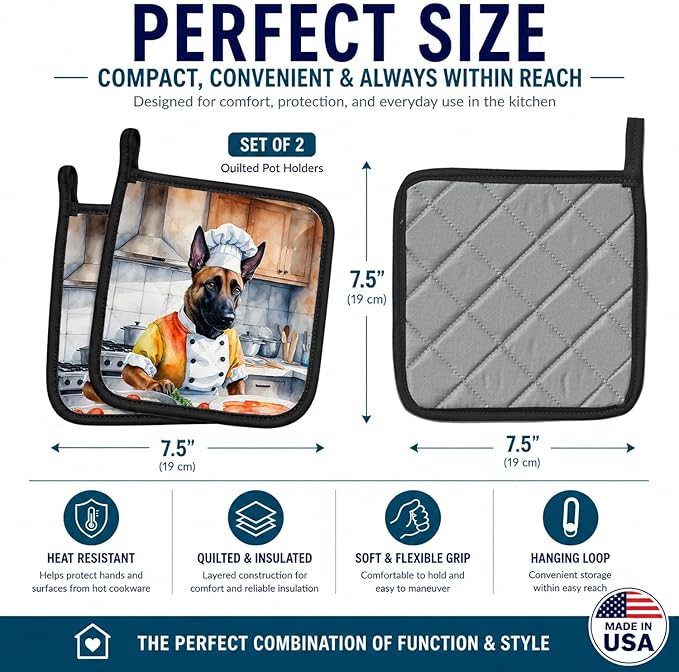 Caroline's Treasures Belgian Malinois The Chef Pair of Pot Holders Kitchen Heat Resistant Pot Holders Sets Oven Hot Pads for Cooking Baking BBQ, 7 1/2 x 7 1/2