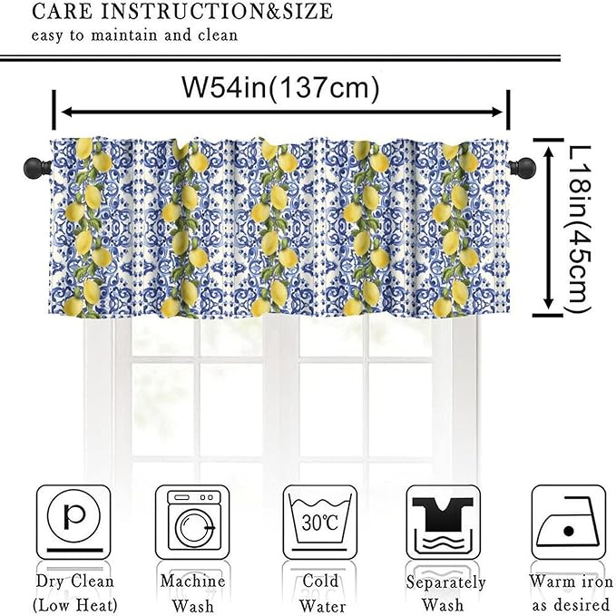 Blue White Tile Valance, Yellow Lemon Summer Fruit Short Rod Pocket Window Curtain for Kitchen Dining Room Bedroom Cafe Resturant Home Decor, 54x18Inch