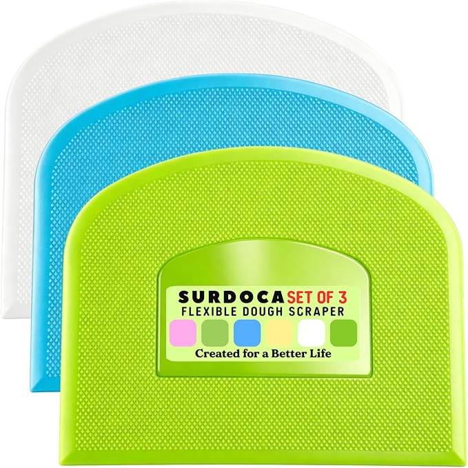 SURDOCA Dough Scraper Bench Scraper - 3P 11.8x7.3" Plastic Flexible Bowl Scraper, Sharp Edge & Angles Cake Scraper. Non-Slip Bakeware Decorating Tools Sculpting & Modeling Tools - Green+Blue+White