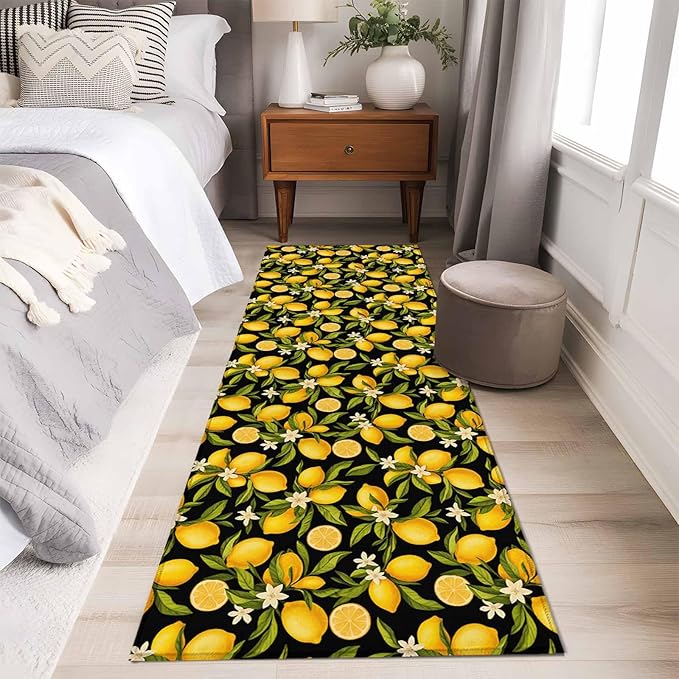 Runner Rug for Bedroom Hallway, Summer Lemon Flower Kitchen Runner Rugs Area Rug 2x6ft, Plant on Black Washable Soft Floor Carpet for Entryway Stair