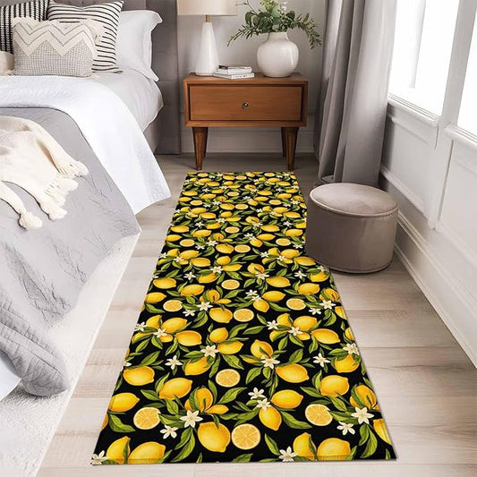 Runner Rug for Bedroom Hallway, Summer Lemon Flower Kitchen Runner Rugs Area Rug 2x6ft, Plant on Black Washable Soft Floor Carpet for Entryway Stair