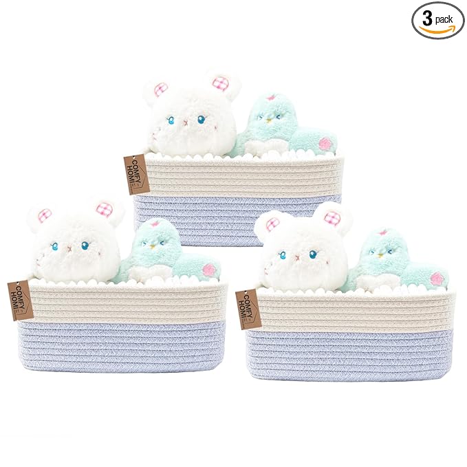 COMFY-HOMI 11.5"x7.5"x4.7" Storage Baskets for Organizing | Cotton Rope Woven Basket | Toy Storage Bin Box | Basket for Shelves, Closet Organizer Bin, Decorative Closet Shelf, 3 Pack, white/bule