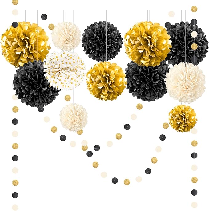 NICROLANDEE Black Gold Party Decorations, 15 PCS Tissue Paper Pom Poms Kit for 2026 Graduation Party Decor, Wedding, Birthday, Engagement, Paper Garland Flower Ball Ceiling Wall Decor