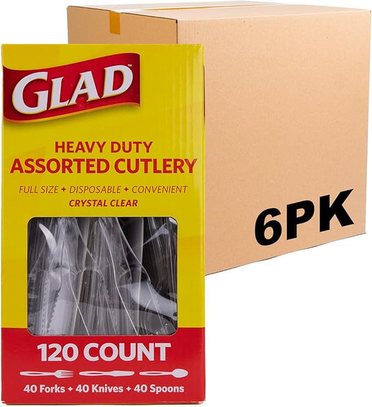 Glad Clear Disposable Cutlery Set with Heavy Duty Plastic Forks, Knives, and Spoons, Reusable Dishwasher Safe Plastic Utensils for Parties and Everyday Use, 120 Count - 6 Pack
