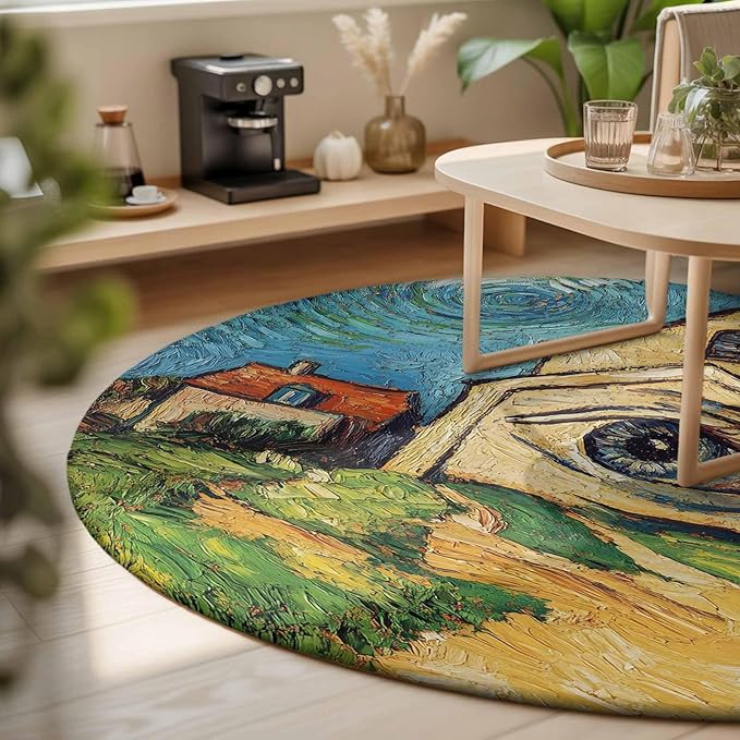 Washable Round Area Rug Abstract Farmhouse Starry Night Eye Circle Rugs Floor Carpet for Living Room Bedroom, Rustic Oil Painting Art Soft Non Slip Round Rug 3ft