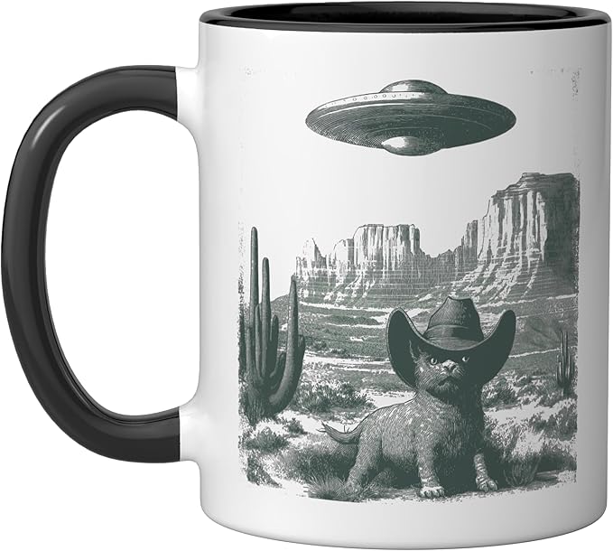 Desert Cat in Hat UFO Encounter Vintage Engraving Ceramic Mug, Black/White
