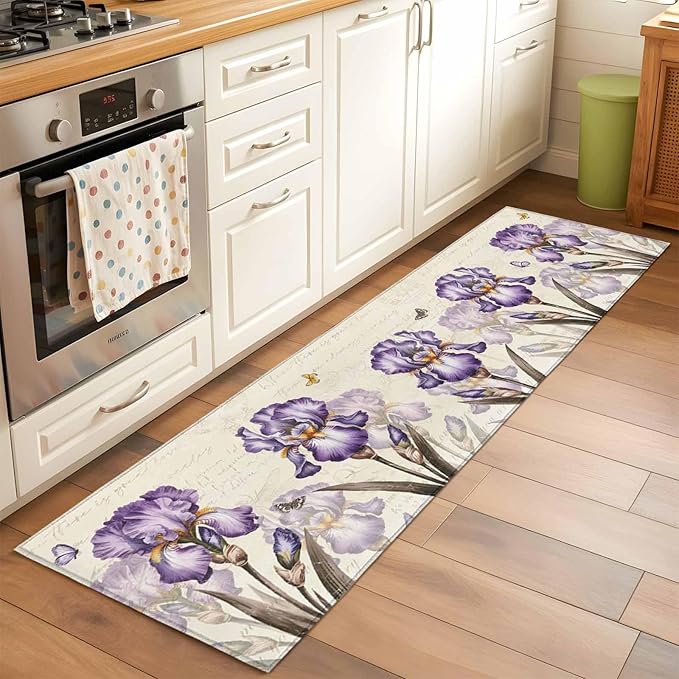 Runner Rug for Bedroom Hallway, Pastoral Purple Flower Watercolor Kitchen Runner Rugs Area Rug 2x6ft, Country Botanical Butterflies Washable Soft Floor Carpet for Entryway Stair