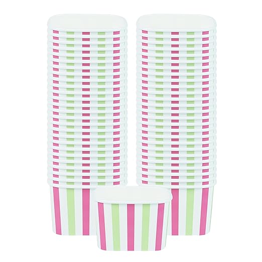 Restaurantware Paper Cups 50 Count 12 Ounce Square Disposable Ice Cream Containers, Leak-Resistant Paper Dessert To Go Cups, Hot And Cold Food, Durable Green And Pink Stripe Design