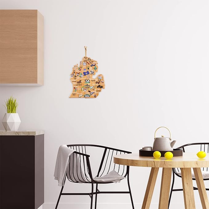 Totally Bamboo Michigan State Shaped Cutting Board and Charcuterie Serving Platter with Artwork by Fish Kiss, Includes Hang Tie for Wall Display