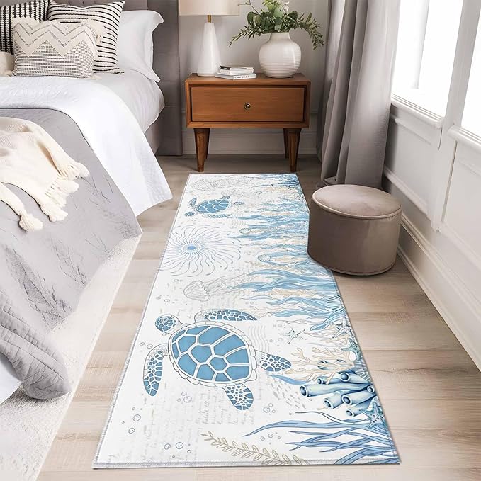 Runner Rug for Bedroom Hallway, Blue Sea Turtles Stars Corals Kitchen Runner Rugs Area Rug 2x6ft, Vintage Marine Life Washable Soft Floor Carpet for Entryway Stair