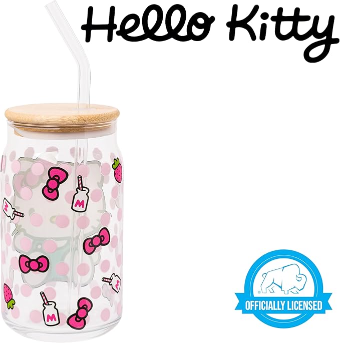 Silver Buffalo Sanrio Hello Kitty Strawberry Milk Bow Pink Polka Dot Glass Jar Tumbler with Bamboo Lid and Glass Straw, 16 Ounces (Pack of 12)