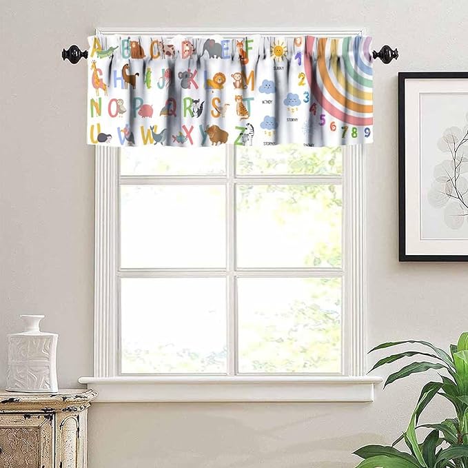 ABC Alphabet Valance Curtain, Cartoon Animals Learning Education Letters Weather Rainbow Short Window Treatment for Kitchen Dining Kids Bedroom Nursery Classroom School Decor, 54x18Inch