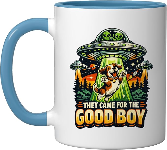 Retro sci-fi dog ufo humor they came for the good boy Ceramic Mug, Blue/White