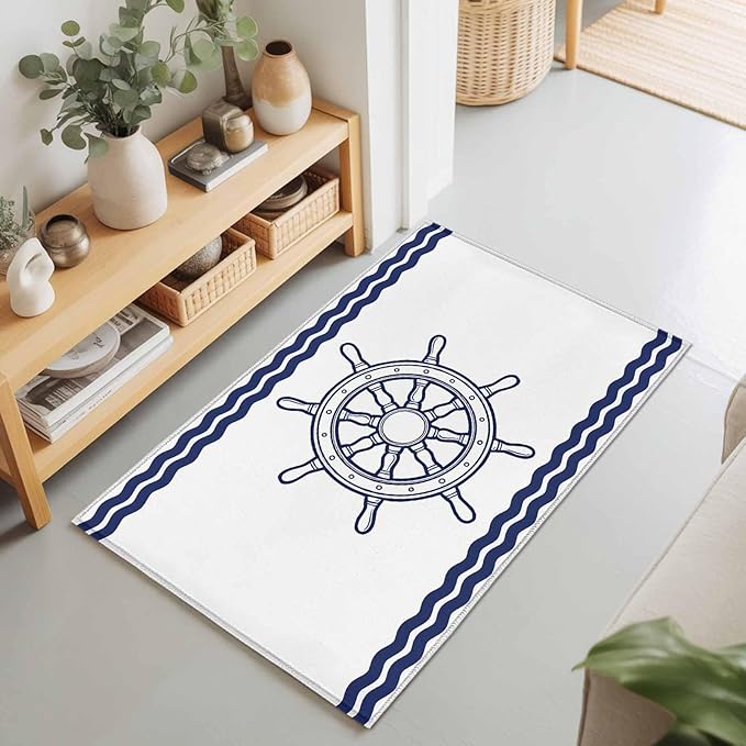 Area Rug 2x3ft, Summer Marine Nautical Ship Rudder Washable Rugs for Living Room Bedroom, Ocean Theme Navy Blue White Soft Non-Slip Area Rugs Rectangle Floor Carpet for Dining Room