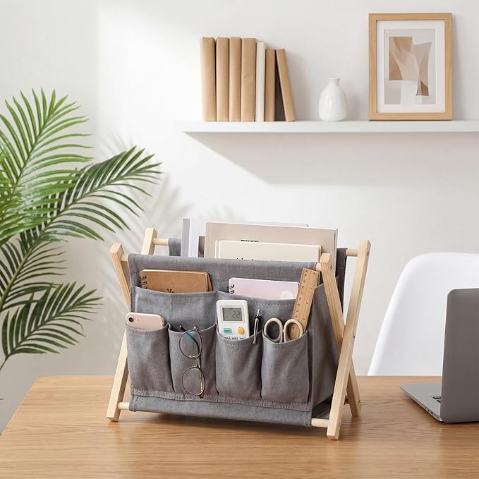 Sliner 1 Pack Foldable Magazine Rack with 6 Pockets 14x10.4 Inch Book Basket Storage Holder for Books, Newspapers, Home Couch Tablet Magazine Holder for TV Remote Control Living Room
