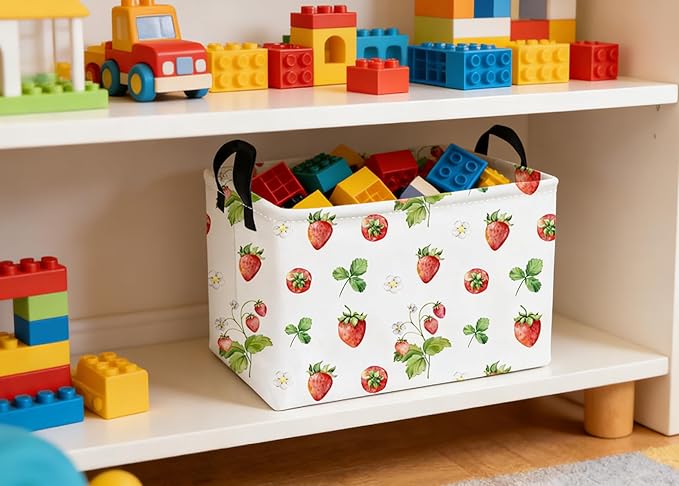 Essme Rectangular Kids Baskets,Strawberry Storage Box,Cute Basket for Kids with Handles for Room Decor, Book Bins,Shelf Basket.(Strawberry)
