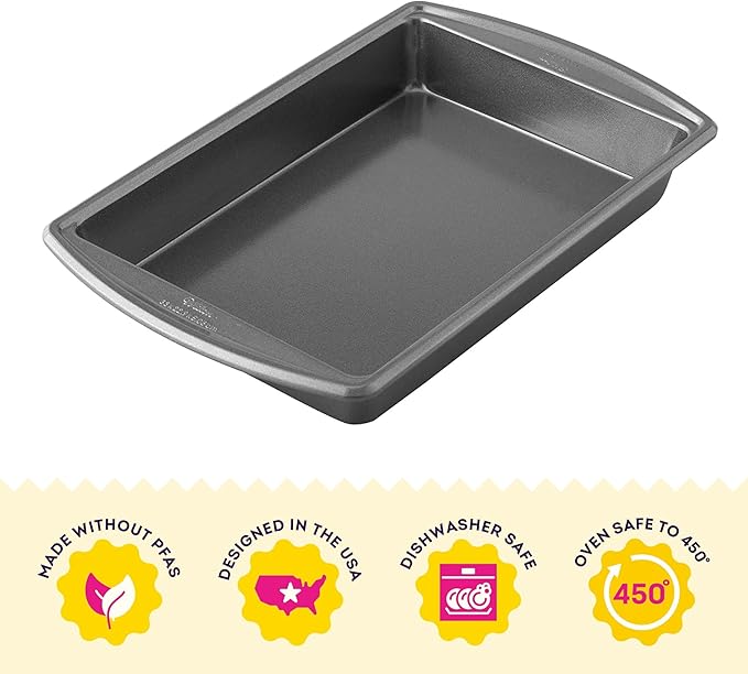 Wilton Platinum Non-Stick Oblong Baking Pan - All-Purpose Pan for Baking, Roasting & Cooking - Non-Stick Steel - Dishwasher Safe - Features Extended Grip Handles - Made Without PFAS - 13 x 9 x 2 Inch