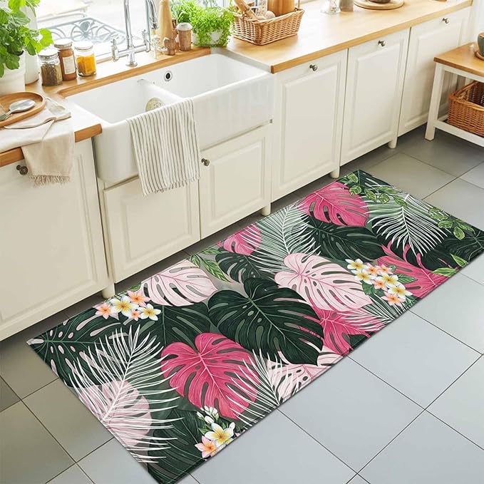 Runner Rug for Bedroom Hallway, Summer Watercolor Pink Green Leaf Kitchen Runner Rugs Area Rug 2x6ft, Tropical Flower Leaves Plant Washable Soft Floor Carpet for Entryway Stair